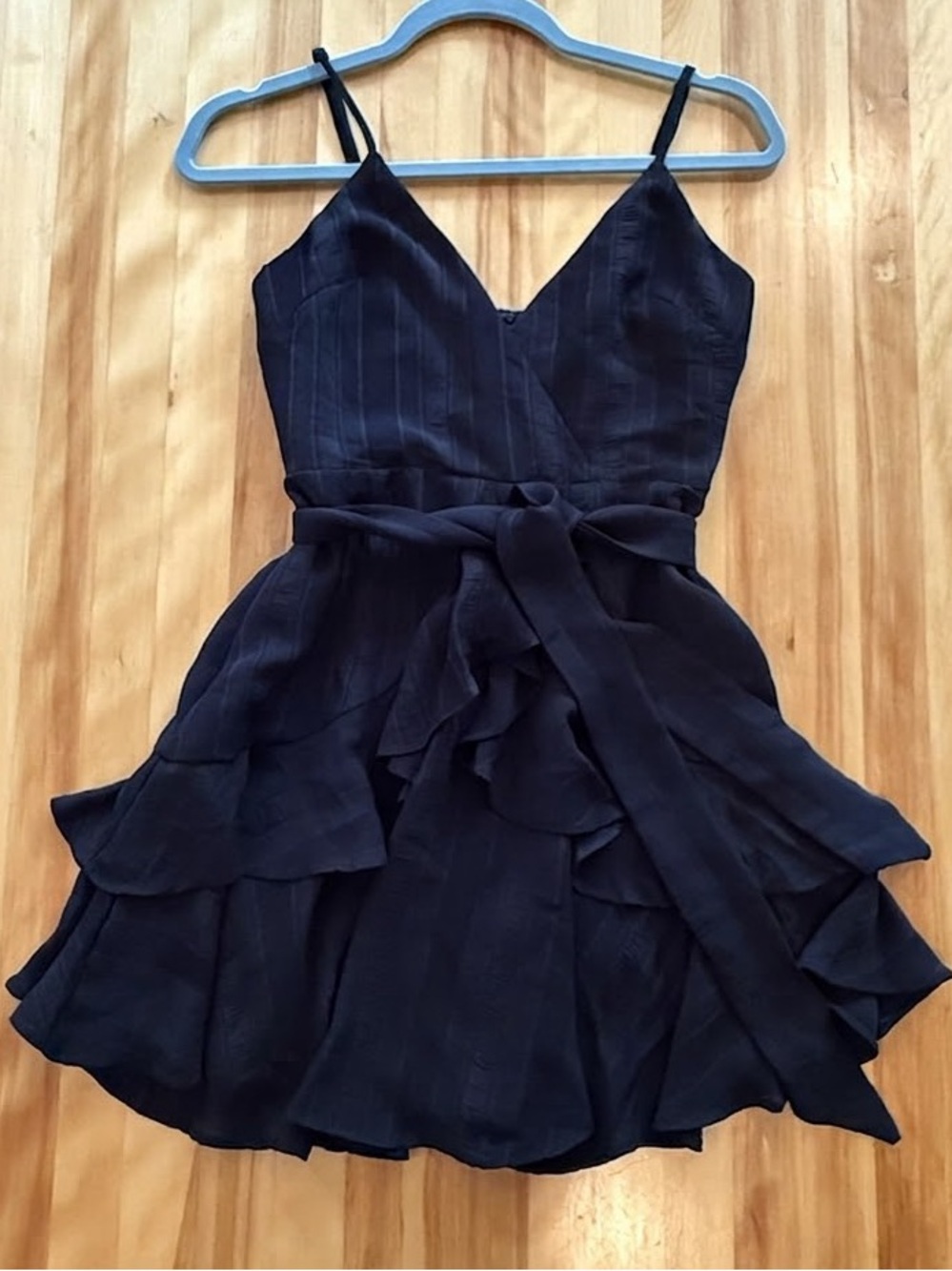 Selfie Leslie Black Ruffle Tie-Waist Spaghetti Strap Mini Dress